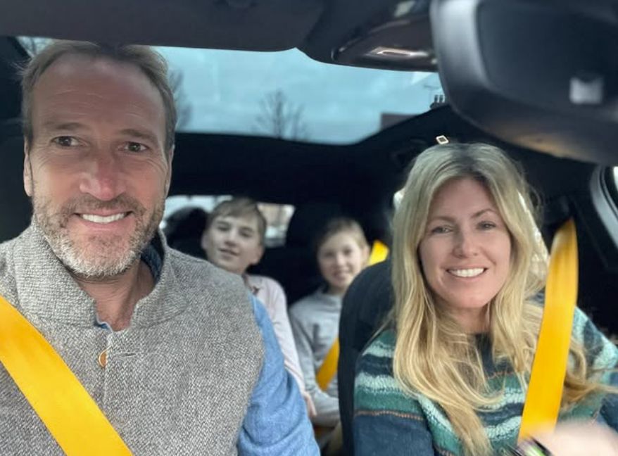 Ben Fogle with his wife and two children in a car