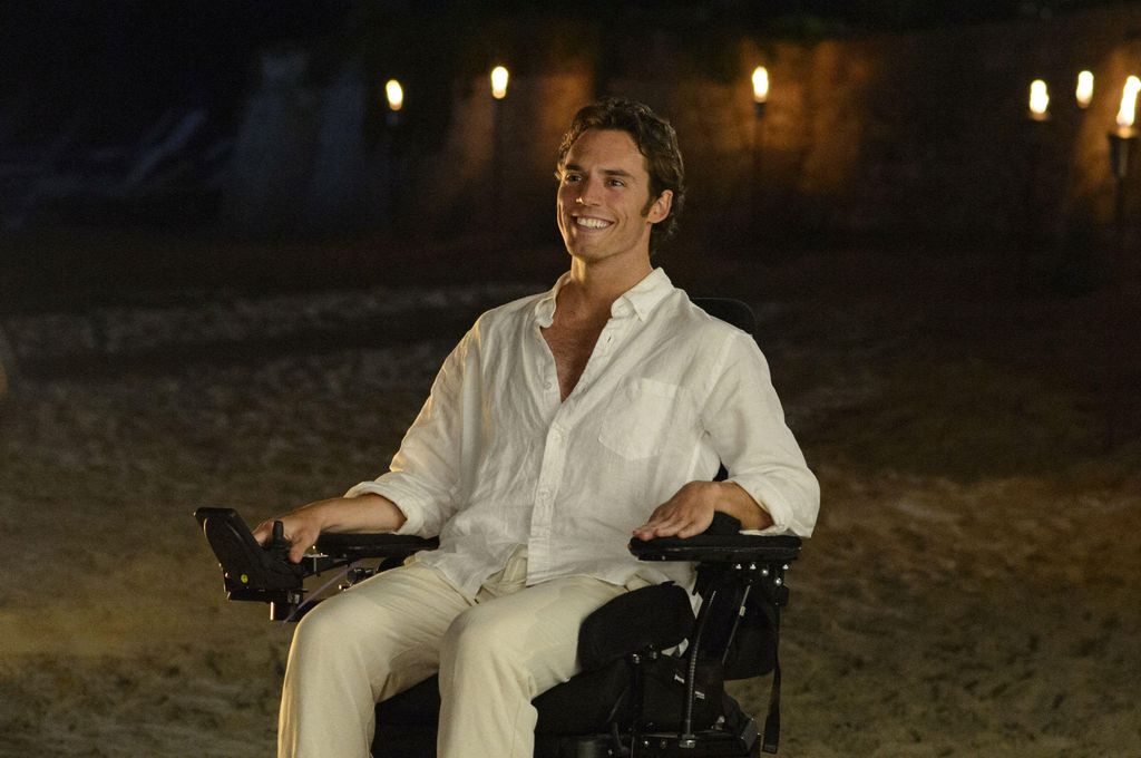 Sam Claflin in a wheelchair in a scene from Me Before You