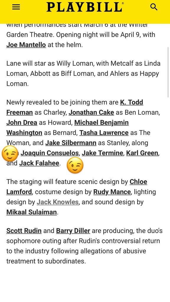 Joaquin Consuelos shares a snippet from a Playbill article advertising the cast for the 2026 Broadway revival of "Death of a Salesman" on Instagram