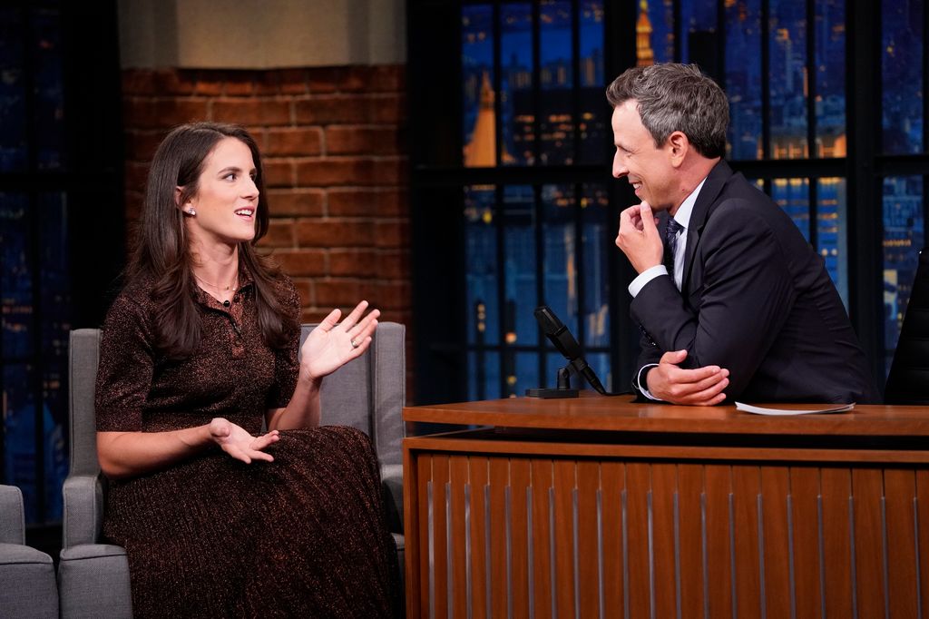 LATE NIGHT WITH SETH MEYERS -- Episode 876 -- Pictured: (l-r) Author Tatiana Schlossberg during an interview with host Seth Meyers on September 3, 2019