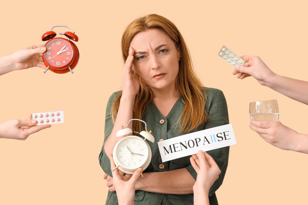 woman looking stressed out and surrounded by clocks, pills, and a menopause sign
