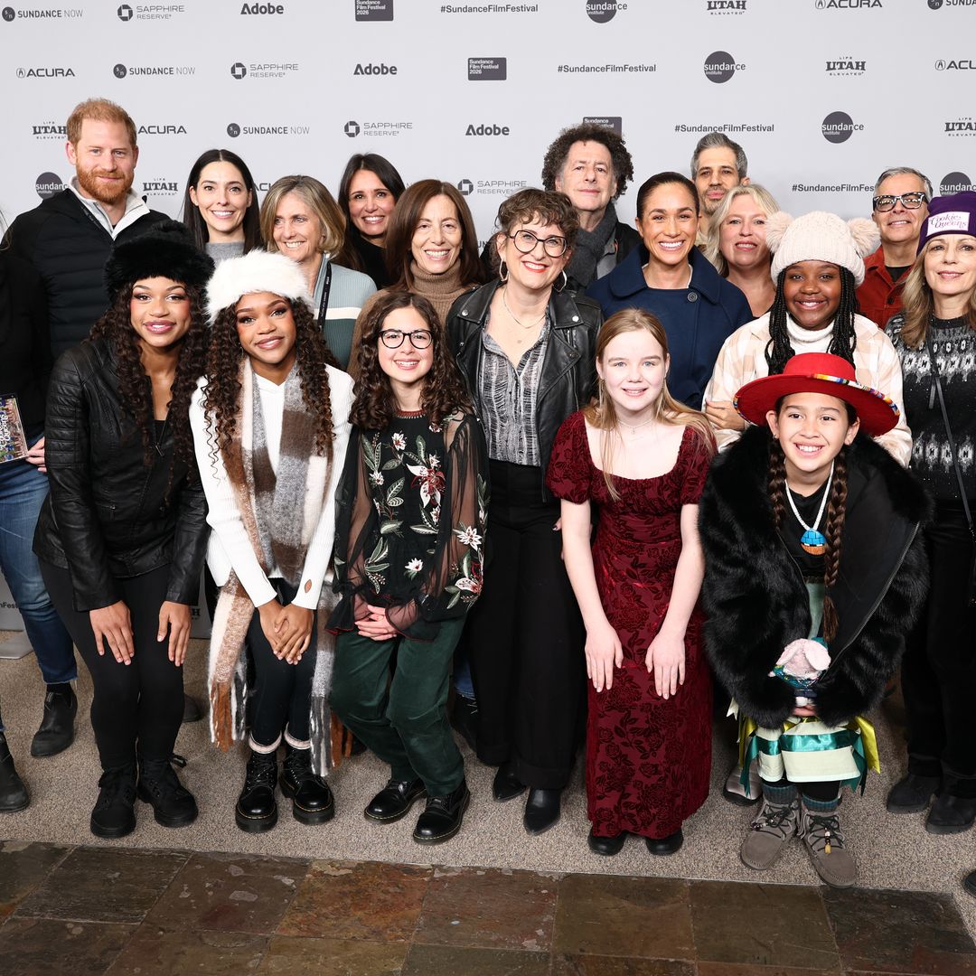 Andrea van Buren, Prince Harry, Duke of Sussex, Nala, Chanel Pysnik, Nyah, Sheri Sobrato, Jennfier Pelling, Ana Lewnes, Alysa Nahmias, Michael Dweck, Olive, Meghan, Duchess of Sussex, Gregory Kershaw, Nikki, James Costa and Nathalie Seaver attend the "Cookie Queens" Premiere during the 2026 Sundance Film Festival at Eccles Center Theater on January 25, 2026 in Park City, Utah. 