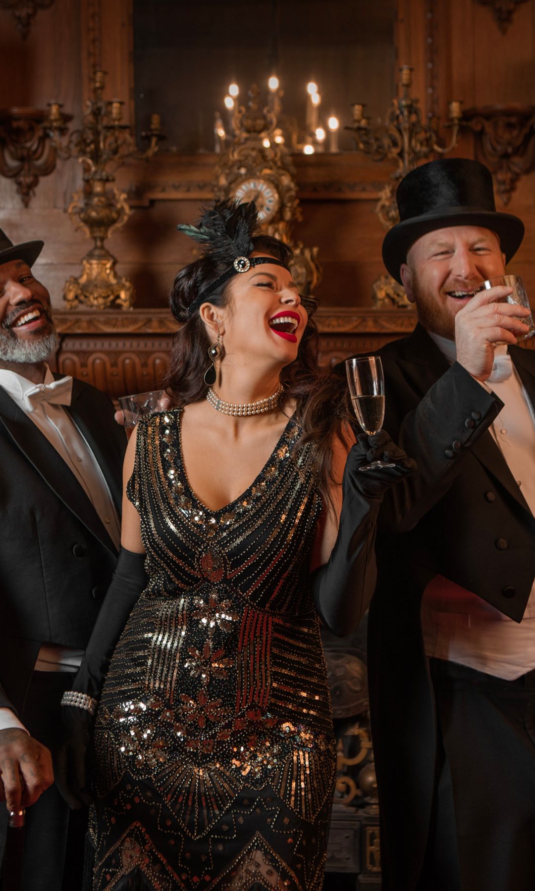 1920s style male and female friends in a luxury stately home setting