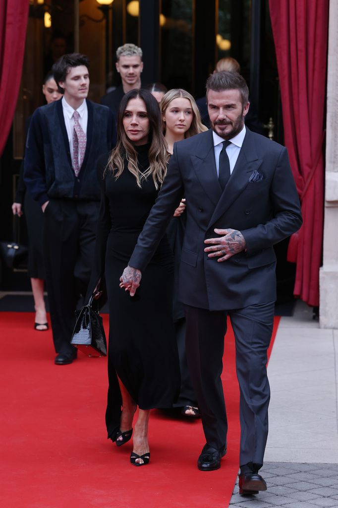 Victoria Beckham and David Beckham leaving their hotel during Haute Couture Spring Summer 2026 as part of Paris Fashion Week on January 26, 2026 in Paris, France.