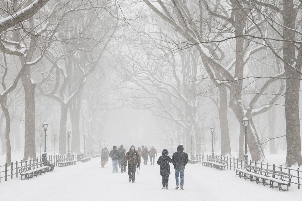 People walk in Central Park as snow falls in New York City on January 25, 2026.
