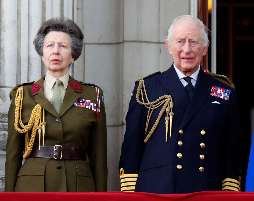 LONDON, UNITED KINGDOM - MAY 05: (EMBARGOED FOR PUBLICATION IN UK NEWSPAPERS UNTIL 24 HOURS AFTER CREATE DATE AND TIME) Princess Anne, Princess Royal, Commandant-in-Chief of First Aid Nursing Yeomanry (Princess Royal's Volunteer Corps) and King Charles III watch a flypast from the balcony of Buckingham Palace to mark the 80th anniversary of VE Day on May 5, 2025 in London, England. The King and Queen, joined by Members of the Royal Family, will take part in events from May 5th to May 8th to commemorate the 80th anniversary of VE Day, which signalled the end of the Second World War in Europe. (Photo by Max Mumby/Indigo/Getty Images)