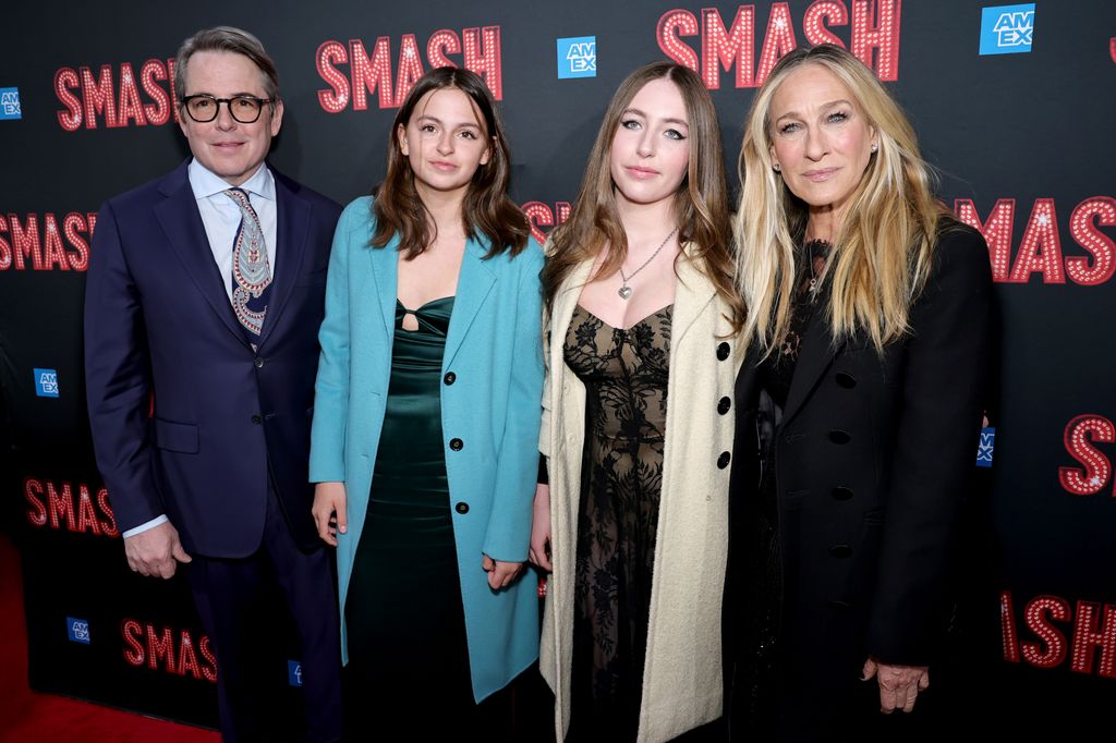 Matthew Broderick, Tabitha Hodge Broderick, Marion Loretta Elwell Broderick and Sarah Jessica Parker attend "Smash" Broadway Opening Night at Imperial Theatre on April 10, 2025 in New York City.
