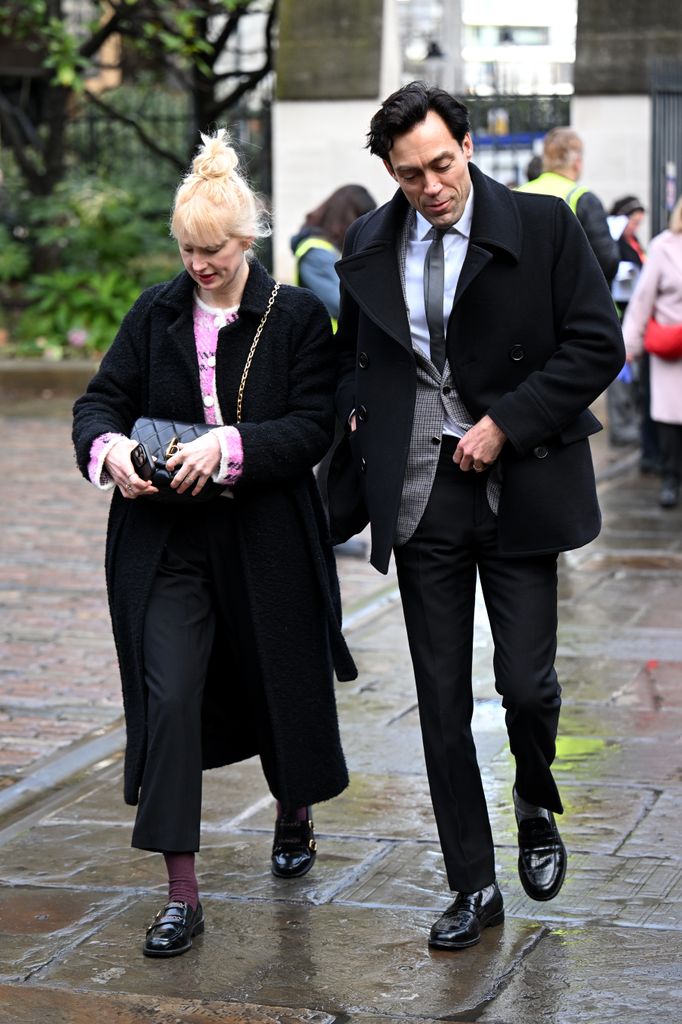 Emma King and Alex Hassell attend the memorial for Dame Jilly Cooper