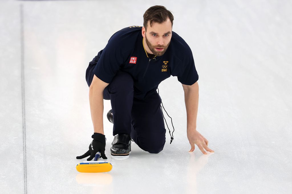 Oskar Eriksson of Team Sweden looks on during the Men's Round Robin match between Team Sweden and Team Germany on day ten of the Milano Cortina 2026 Winter Olympic games at Cortina Curling Olympic Stadium on February 16, 2026 in Cortina d'Ampezzo, Italy.