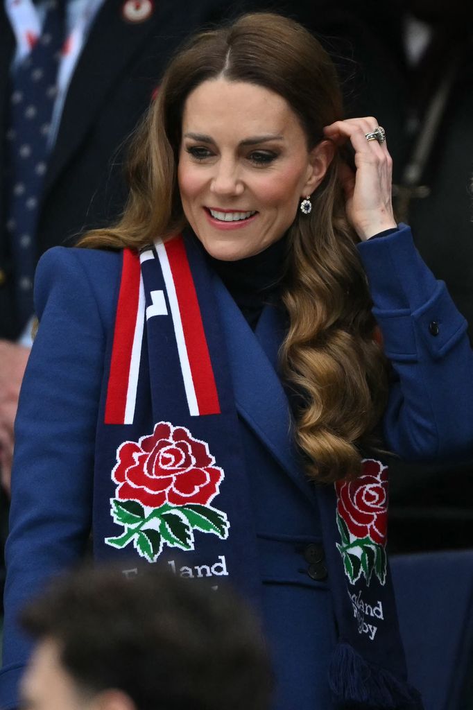 Britain's Catherine, Princess of Wales attends the Six Nations international rugby union match between England and Ireland at Allianz Stadium, Twickenham, in south-west London, on February 21, 2026. (Photo by Glyn KIRK / AFP via Getty Images)