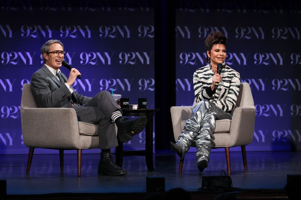 Gary Janetti and Lisa Rinna speak onstage during Lisa Rinna In Conversation: "You Better Believe I'm Gonna Talk About It" at 92NY 
