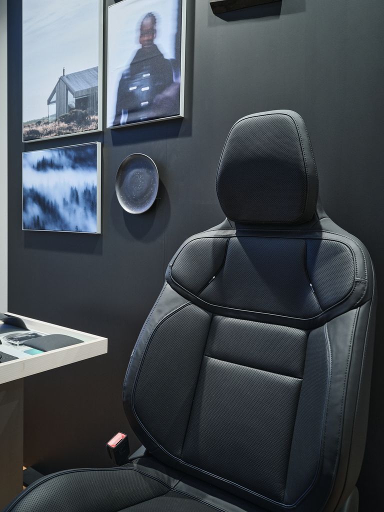 A dark car interior is featured with images of natural elements found in Sweden