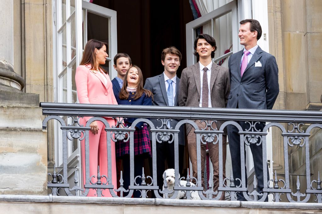 Prince Joachim of Denmark, Princess Marie of Denmark, Count Nikolai of Denmark, Count Felix of Denmark, Count Henrik of Denmark and Countess Athena of Denmark at the balcony of Amalienborg Palace
