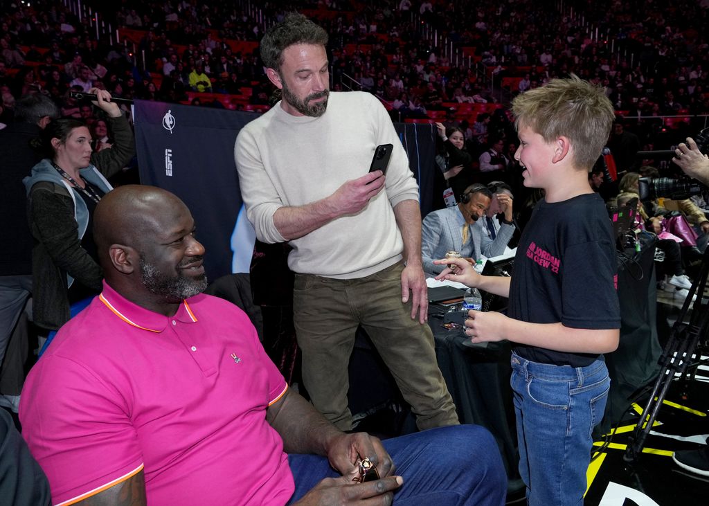 Shaquille O'Neal, Ben Affleck, and Samuel Garner Affleck attend the Ruffles Celebrity Game during the 2023 NBA All-Star Weekend at Vivint Arena on February 17, 2023 