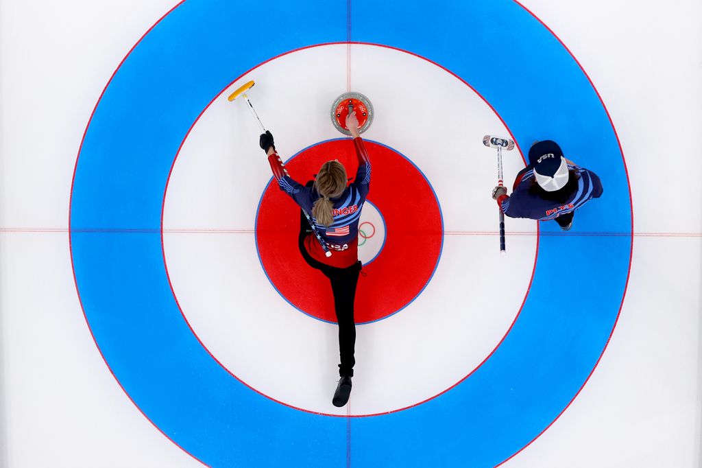 Team United States compete against Team Norway during the Curling Mixed Doubles