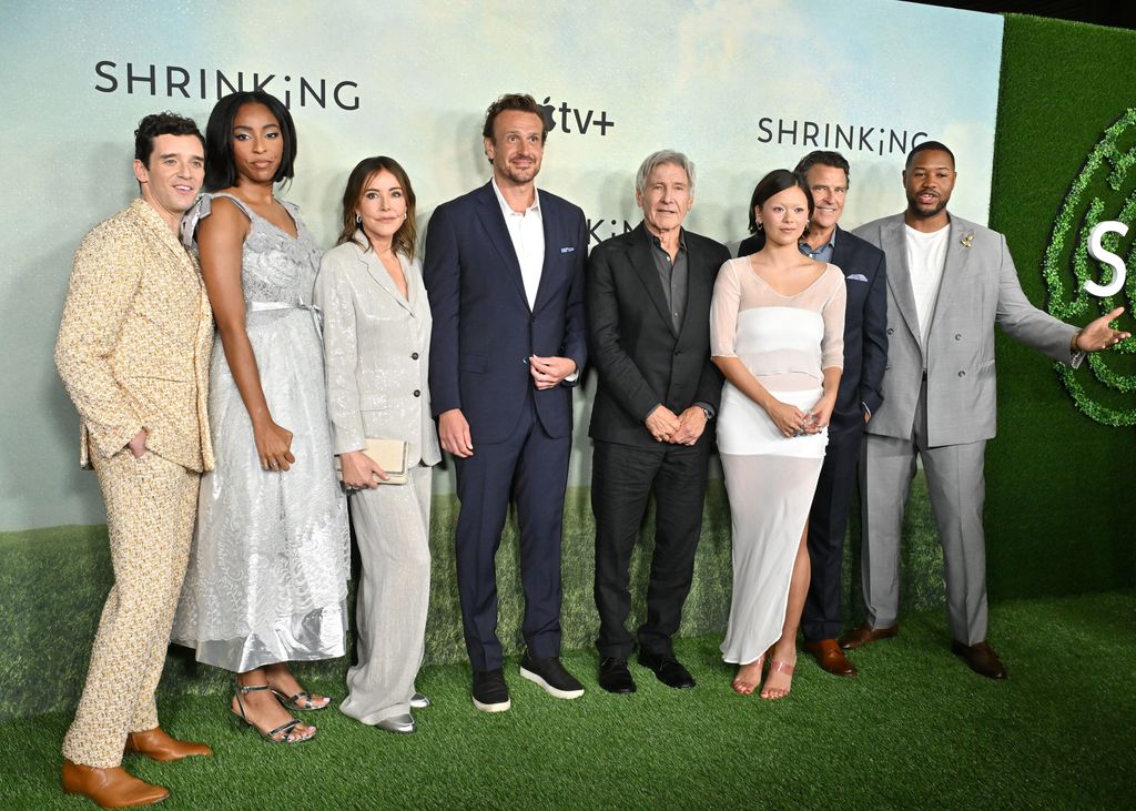 Michael Urie, Jessica Williams, Christa Miller, Harrison Ford, Jason Segel, Lukita Maxwell, Ted McGinley and Luke Tennie attend the World Premiere of Apple TV+ "Shrinking" Season 2 at Pacific Design Center on October 08, 2024 in West Hollywood, California