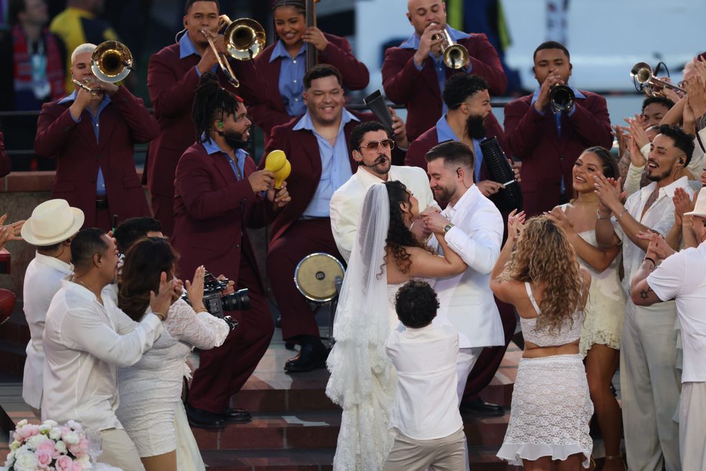 Bad Bunny performs during the Apple Music Super Bowl LX Halftime Show during the Seattle Seahawks versus the New England Patriots Super Bowl LX game on February 8, 2026, at Levi's Stadium in Santa Clara, CA.