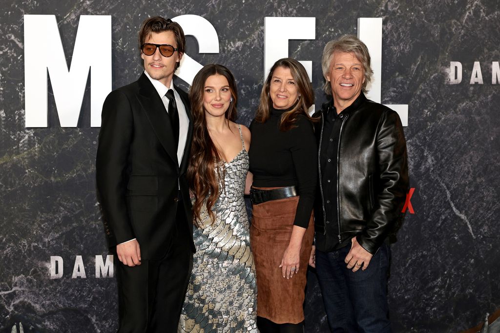 Jake Bongiovi, Millie Bobby Brown, Dorothea Hurley, and Jon Bon Jovi at the Damsel World Premiere at The Plaza