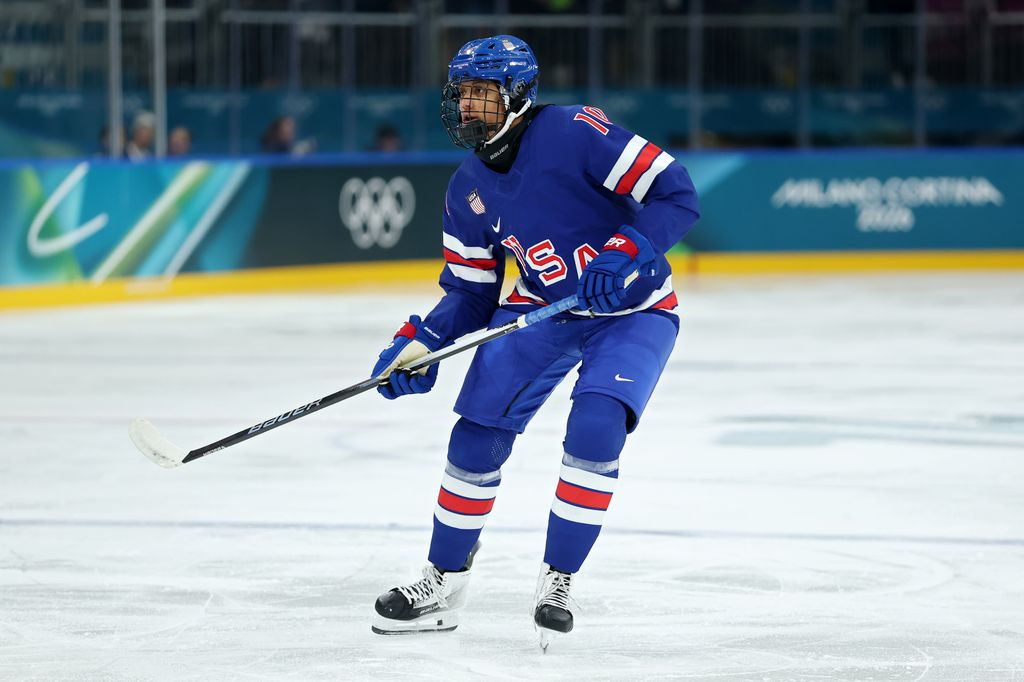 Laila Edwards #10 of Team United States skates in the first period during the Women's Preliminary Round Group A match between the United States and Czechia on Day minus one of the Milano Cortina 2026 Winter Olympic games at Milano Rho Ice Hockey Arena on February 05, 2026