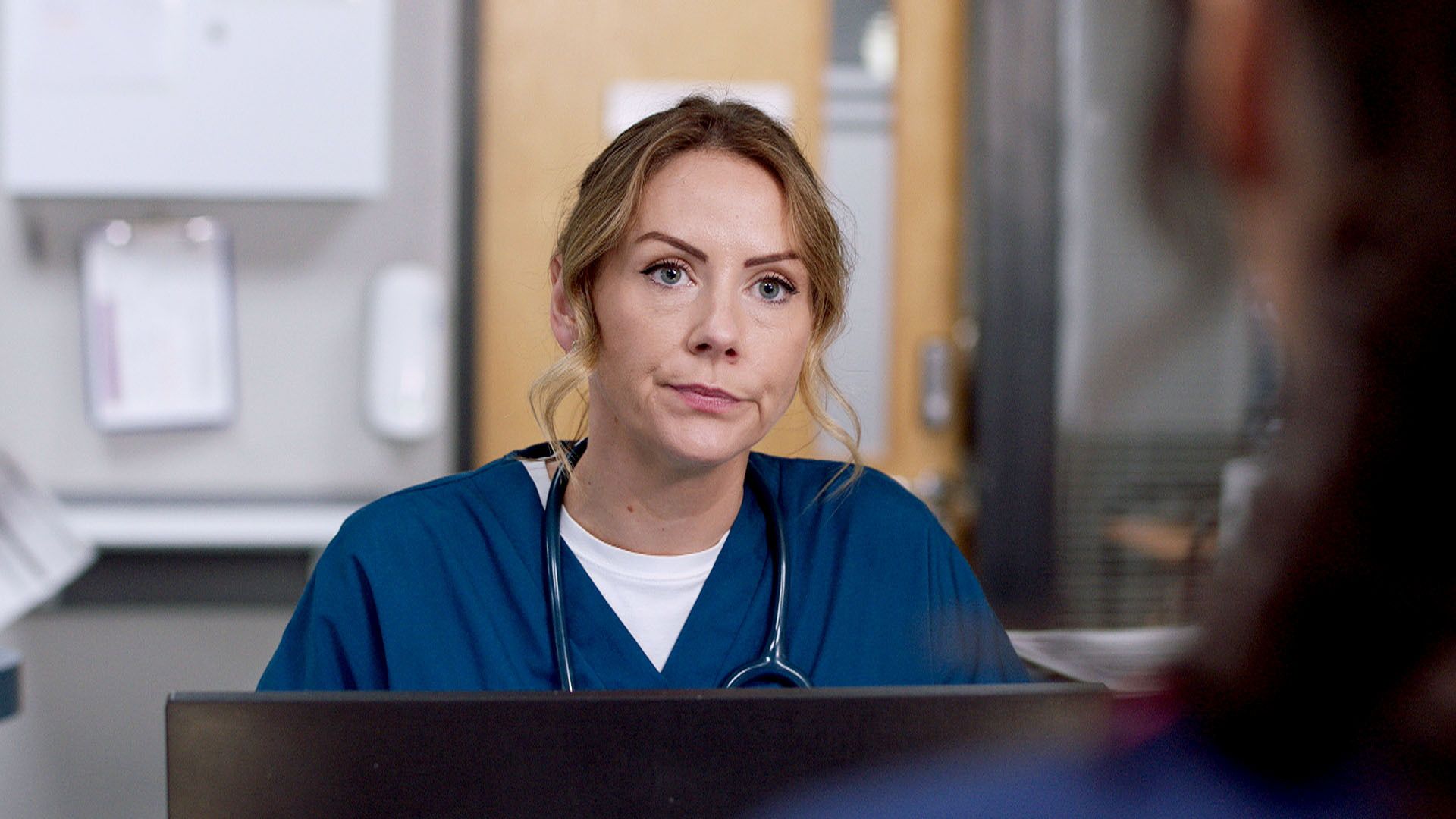 Elinor Lawless in a still image from Casualty