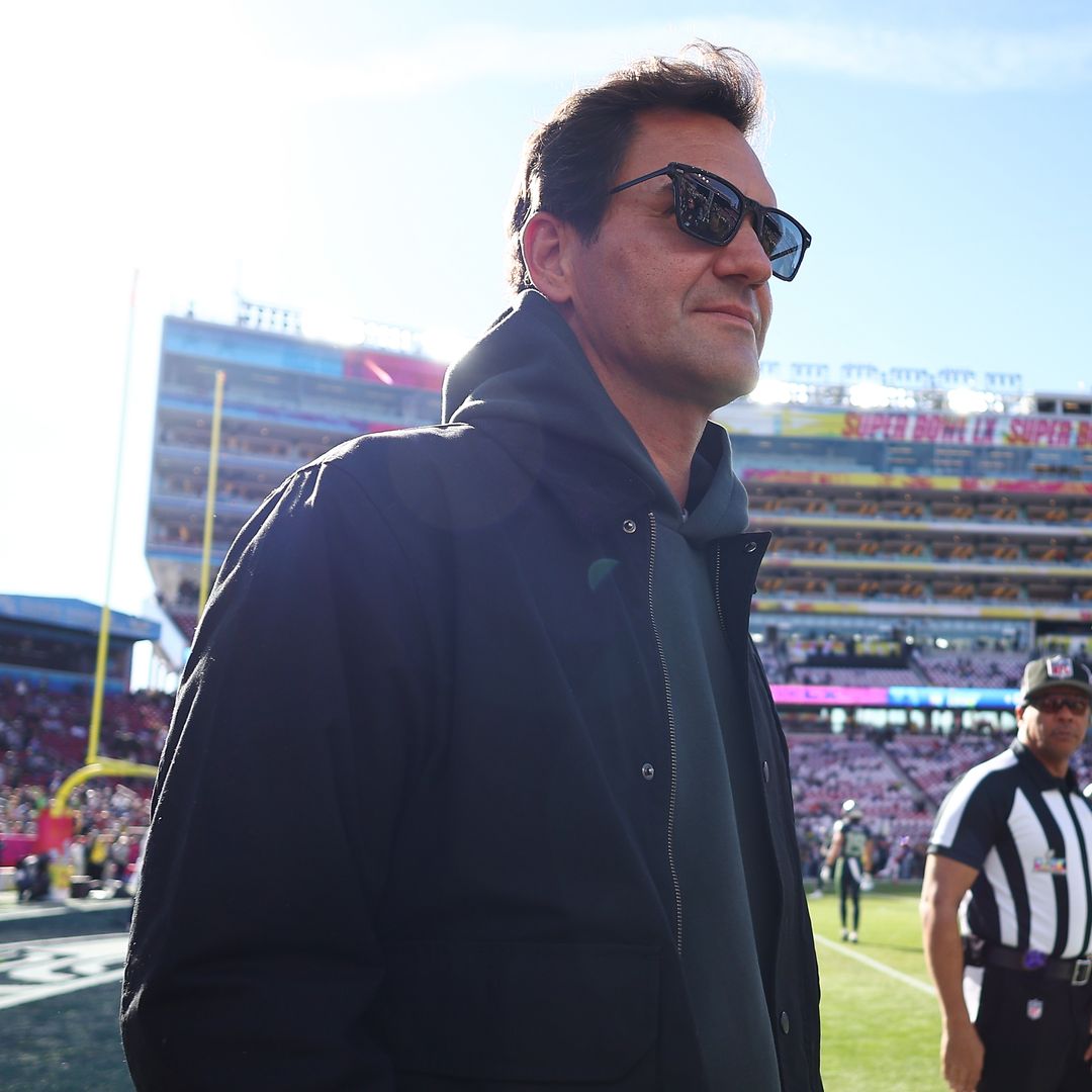 Roger Federer looks on from the field prior to Super Bowl LX between the Seattle Seahawks and the New England Patriots at Levi's Stadium on February 08, 2026 in Santa Clara, California.