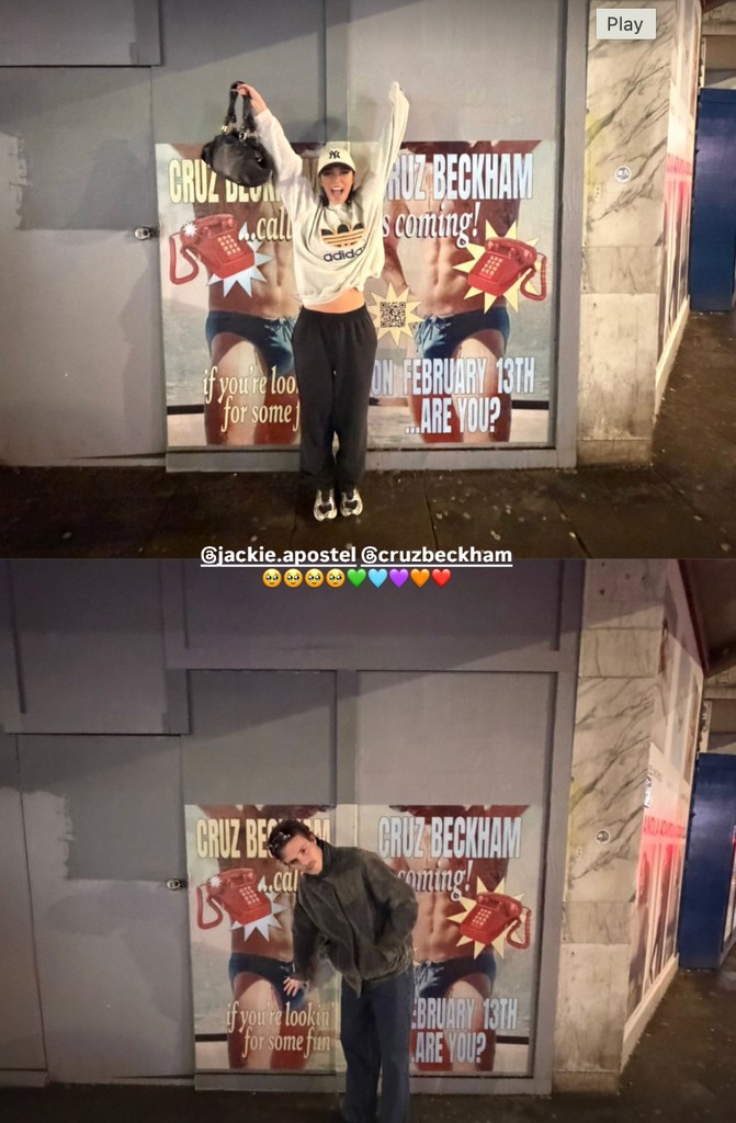 A photo of two people posing next to photos