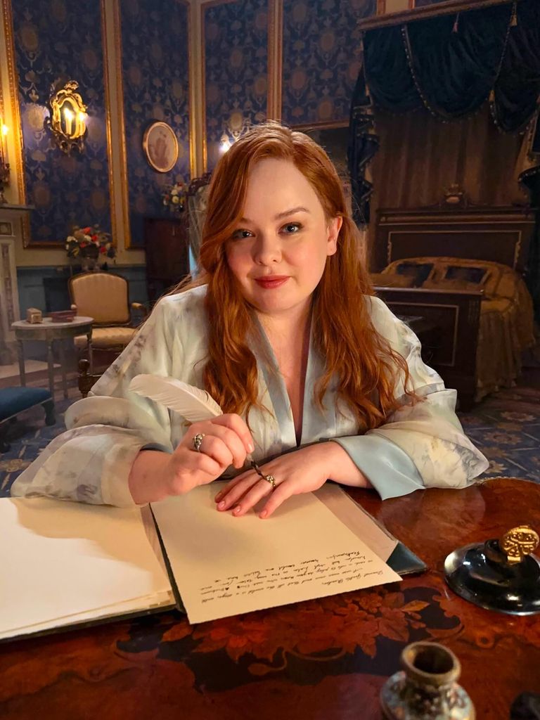 nicola coughlan on set in bridgerton