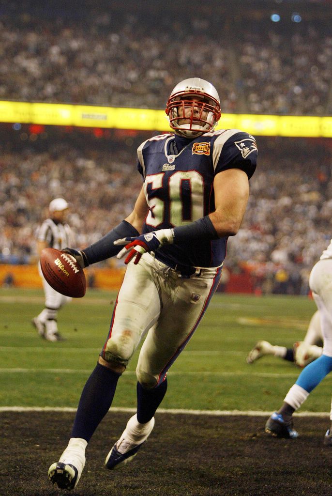 Mike Vrabel of the New England Patriots celebrates his touchdown reception during the Pats 32-29 victory over the Carolina Panthers in Super Bowl XXXVIII at Reliant Stadium in Houston, TX.