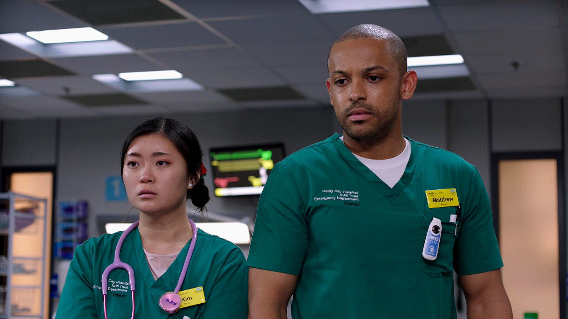 Still image of Jasmine Bayes and Aron Julius in Casualty