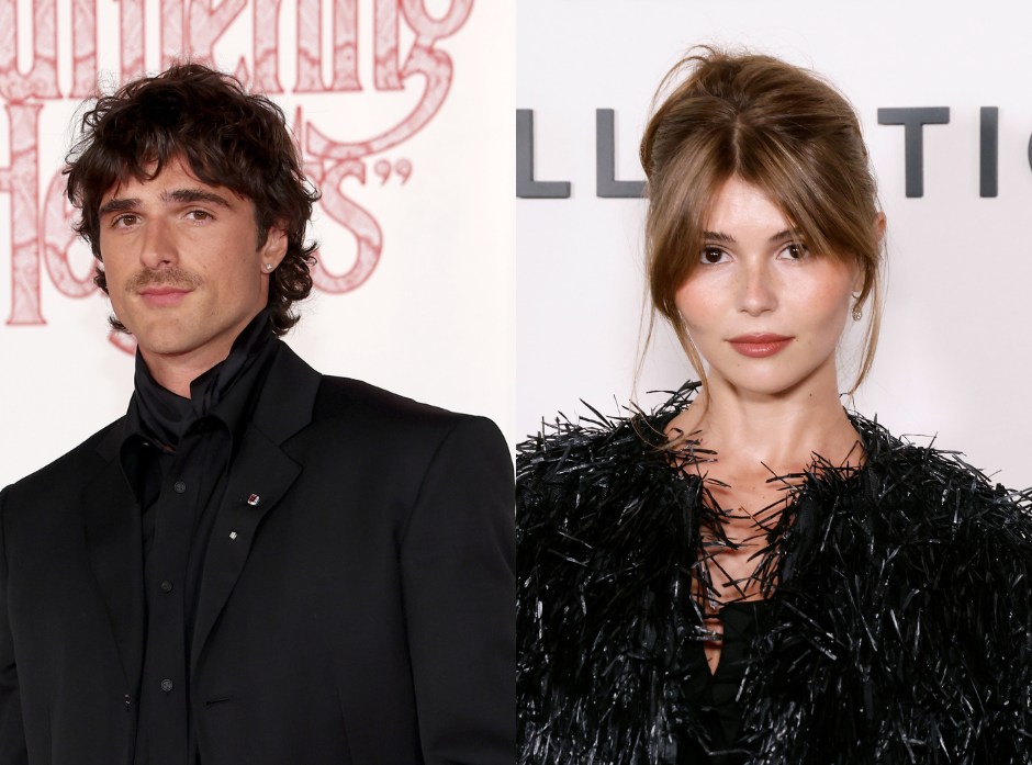 Split image featuring Jacob Elordi in a black suit on the left and Olivia Jade in a black ruffle top on the right.