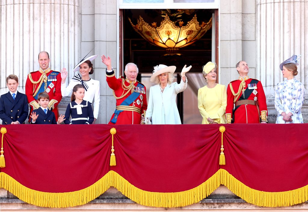 Prince George of Wales, Prince William, Prince of Wales, Prince Louis of Wales, Catherine, Princess of Wales, Princess Charlotte of Wales, King Charles III, Queen Camilla, Sophie, Duchess of Edinburgh, Prince Edward, Duke of Edinburgh and Lady Louise Windsor on the balcony during Trooping the Colour at Buckingham Palace 