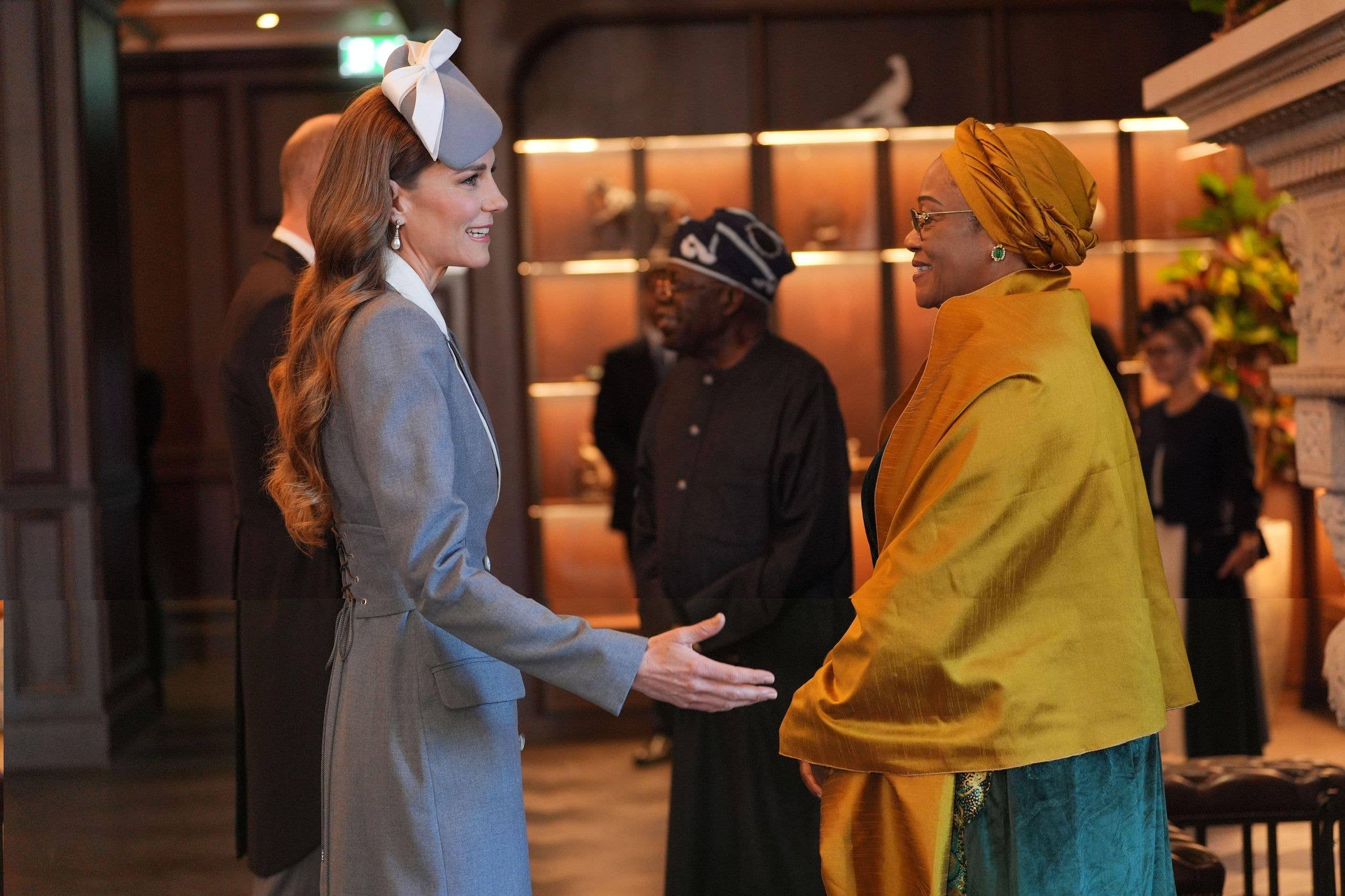 The Princess of Wales speaking to First Lady Oluremi Tinubu as she and the Prince of Wales receive the President of Nigeria Bola Ahmed Tinubu at the Fairmont Windsor Park hotel