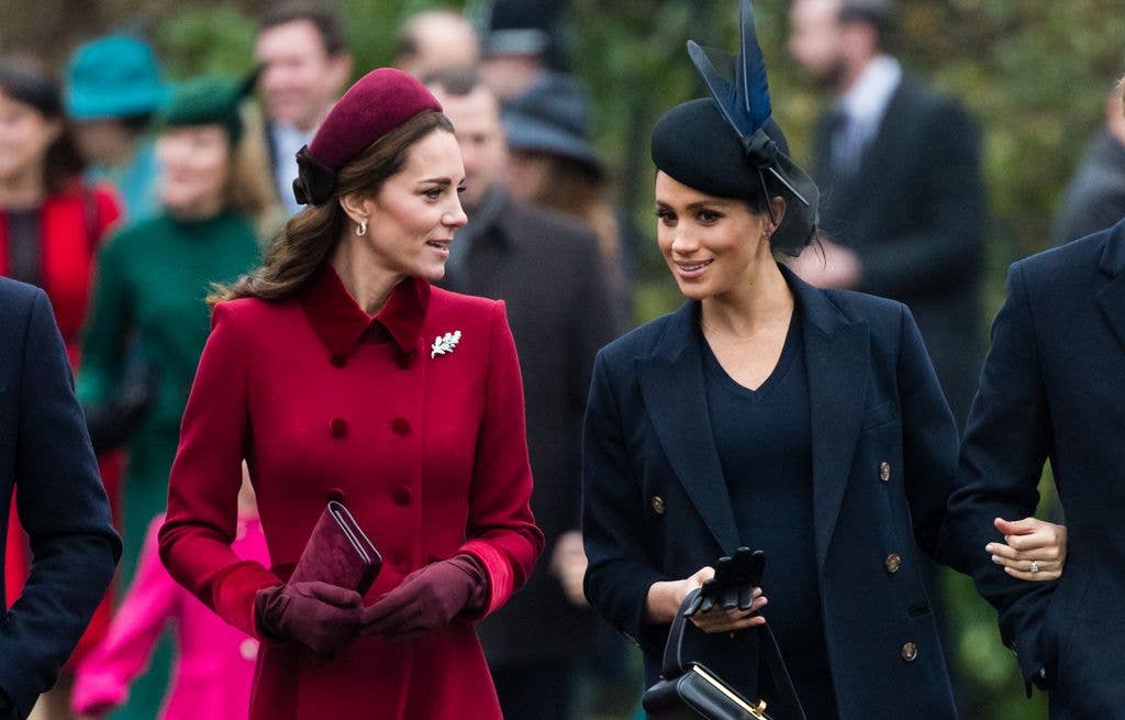 Kate Middleton and Meghan Markle, Duchess of Sussex attend Christmas Day Church service at Church of St Mary Magdalene on the Sandringham estate on December 25, 2018
