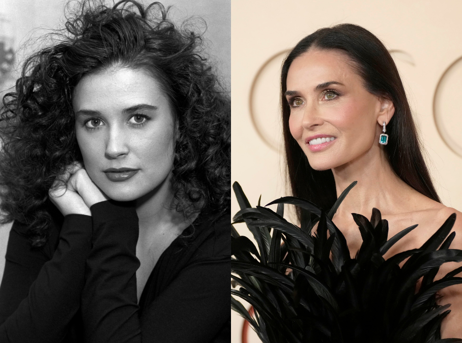 Split image of Demi Moore, shown on the left in black and white holding clasped hands to the right side of her chin and staring at the camera, and on the right looking out towards the left of the image in a dress with a feathered torso.