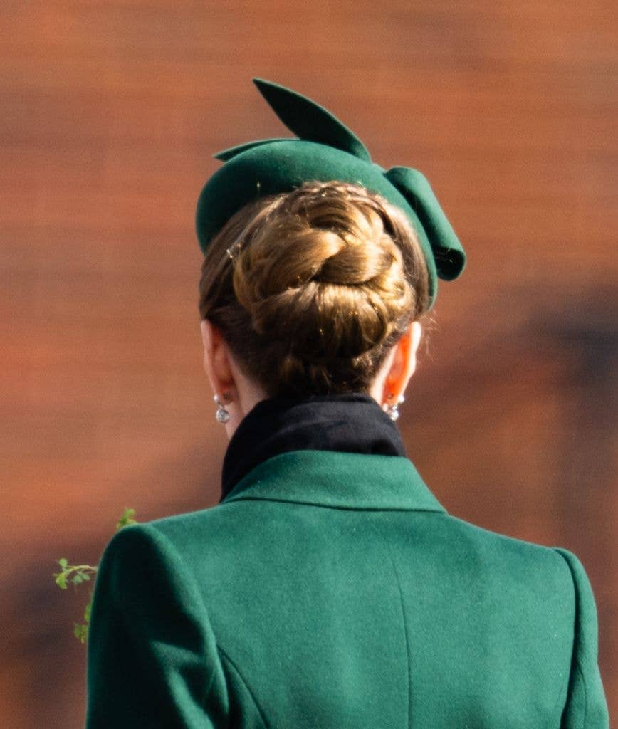 The Princess of Wales from behind with hair in an intricate plaited bun