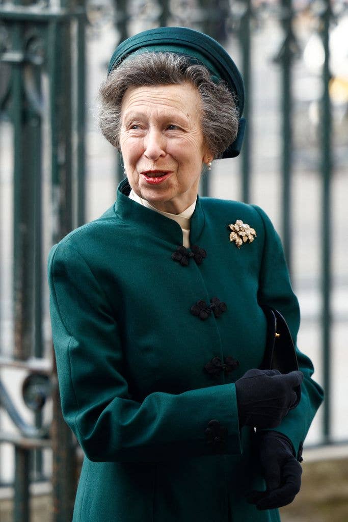 Princess Anne waist up in forest green blazer