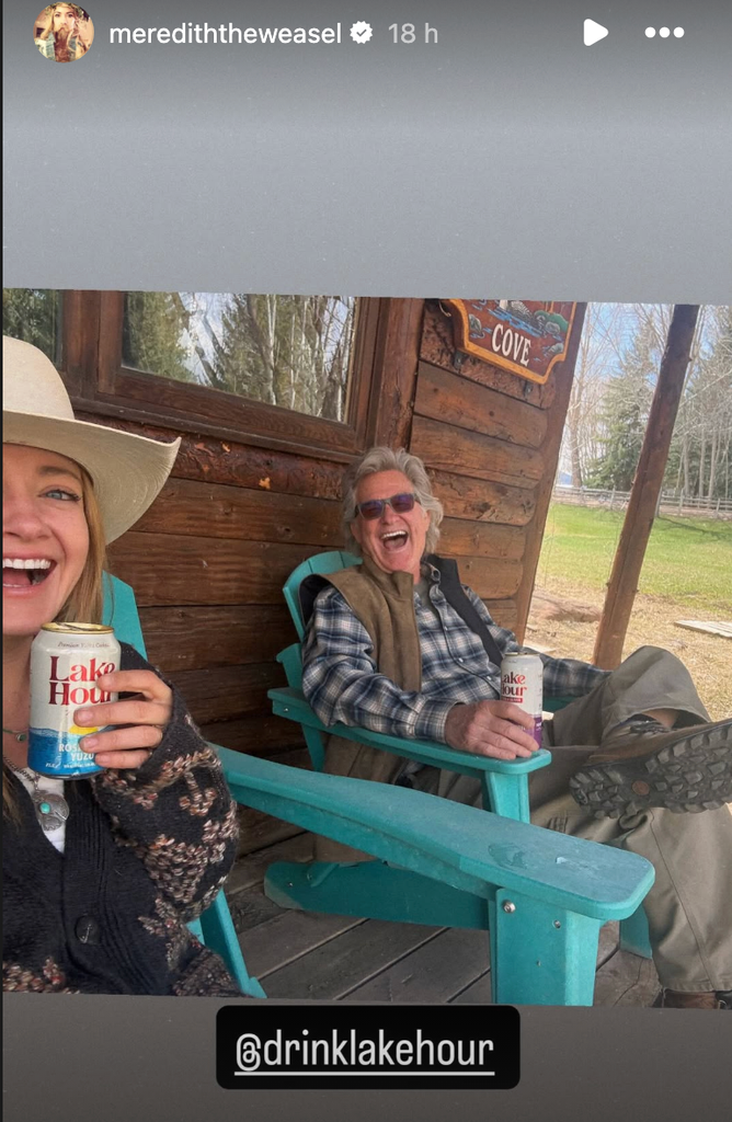 Kurt Russell was smiling as he enjoyed one of Wyatt Russell's cocktails with daughter-in-law Meredith Hagner on the porch of his Colorado home