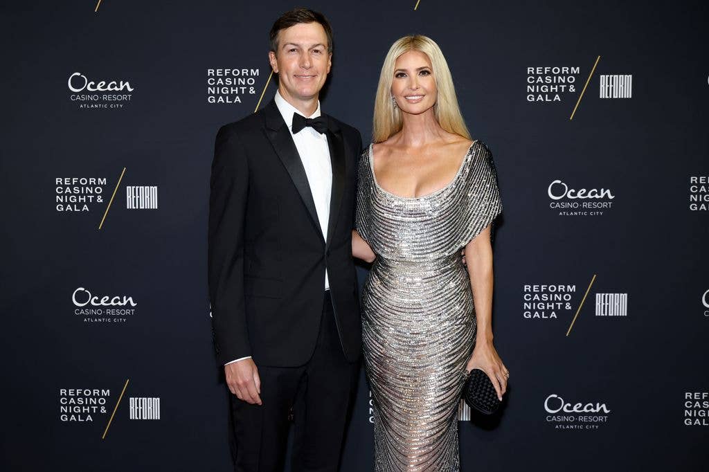 Jared Kushner in black tuxedo and Ivanka Trump in diamond dress at the Michael Rubin REFORM Alliance Casino Night Event 