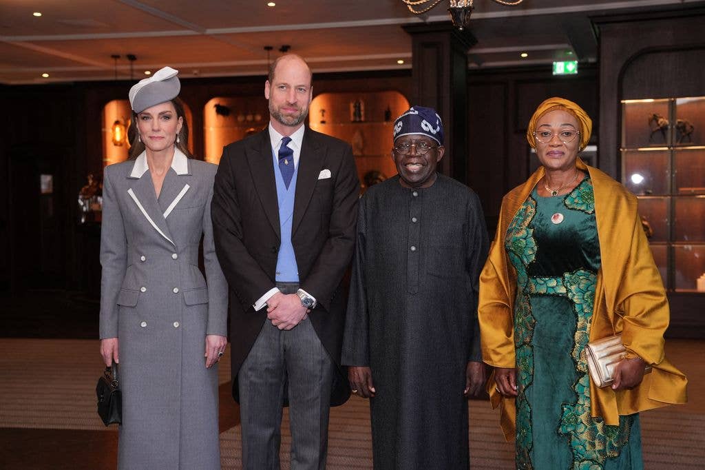 Prince William and the Princess of Wales pose alongside Nigeria's President Bola Tinubu and his wife Oluremi Tinubu as they greet them