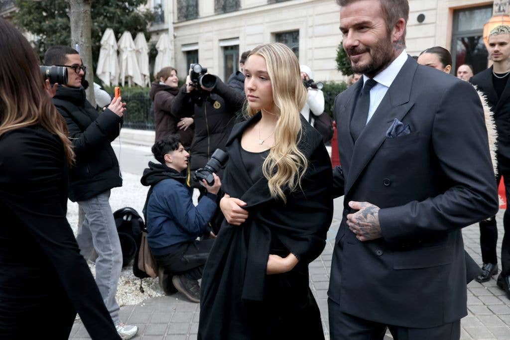  Harper Beckham and David Beckham are seen during the Haute Couture Spring Summer 2026 as part of Paris Fashion Week on January 26, 2026 in Paris, France