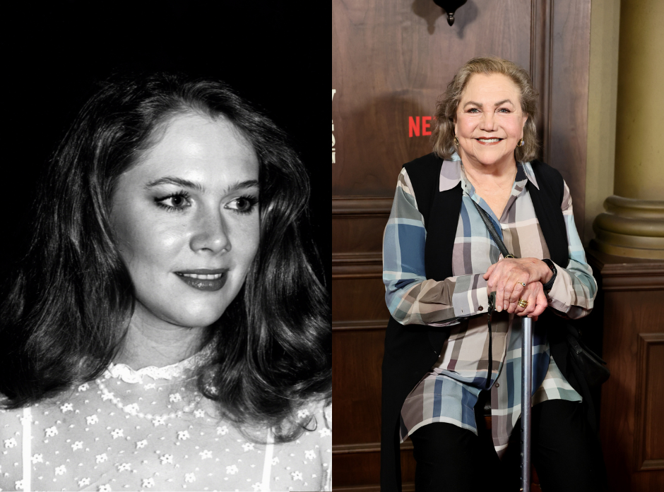 Split image of Kathleen Turner, shown on the left in black and white as a young woman smiling towards the right of the image and modern day wearing a black waistcoat over a checked shirt, smiling straight at the camera and resting both hands on a walking stick.