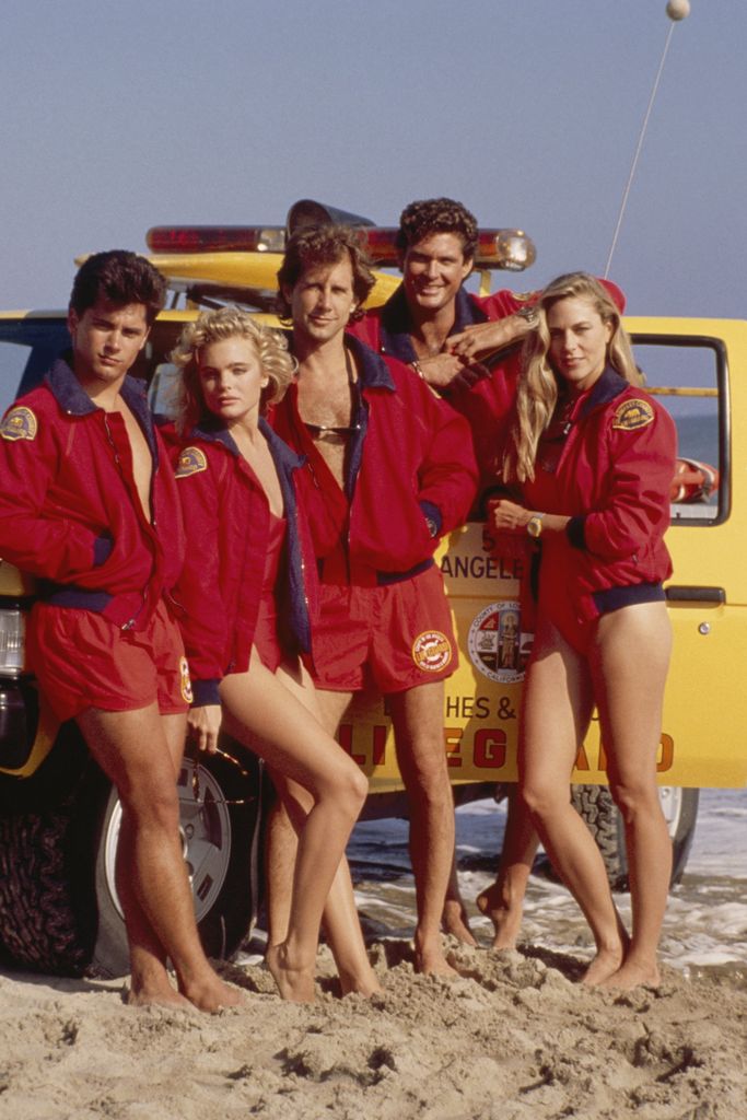 Pictured: (l-r) Billy Warlock as Eddie Kramer, Erika Eleniak as Shauni McClain, Parker Stevenson as Craig Pomeroy, David Hasselhoff as Lt. Mitch Buchannon, Shawn Weatherly as Jill Riley