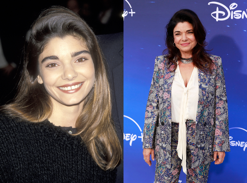 Split image of Laura San Giacomo, on the left in a black knitted jumper with her hair combed over her head and on the right in a printed floral suit and white blouse with a tie hanging below the belt line.