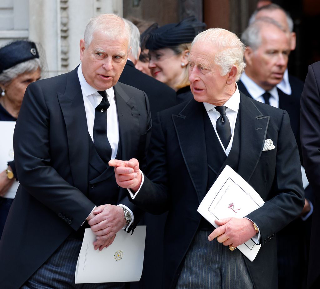Andrew Mountbatten-Windsor and King Charles at Duchess of Kent's funeral