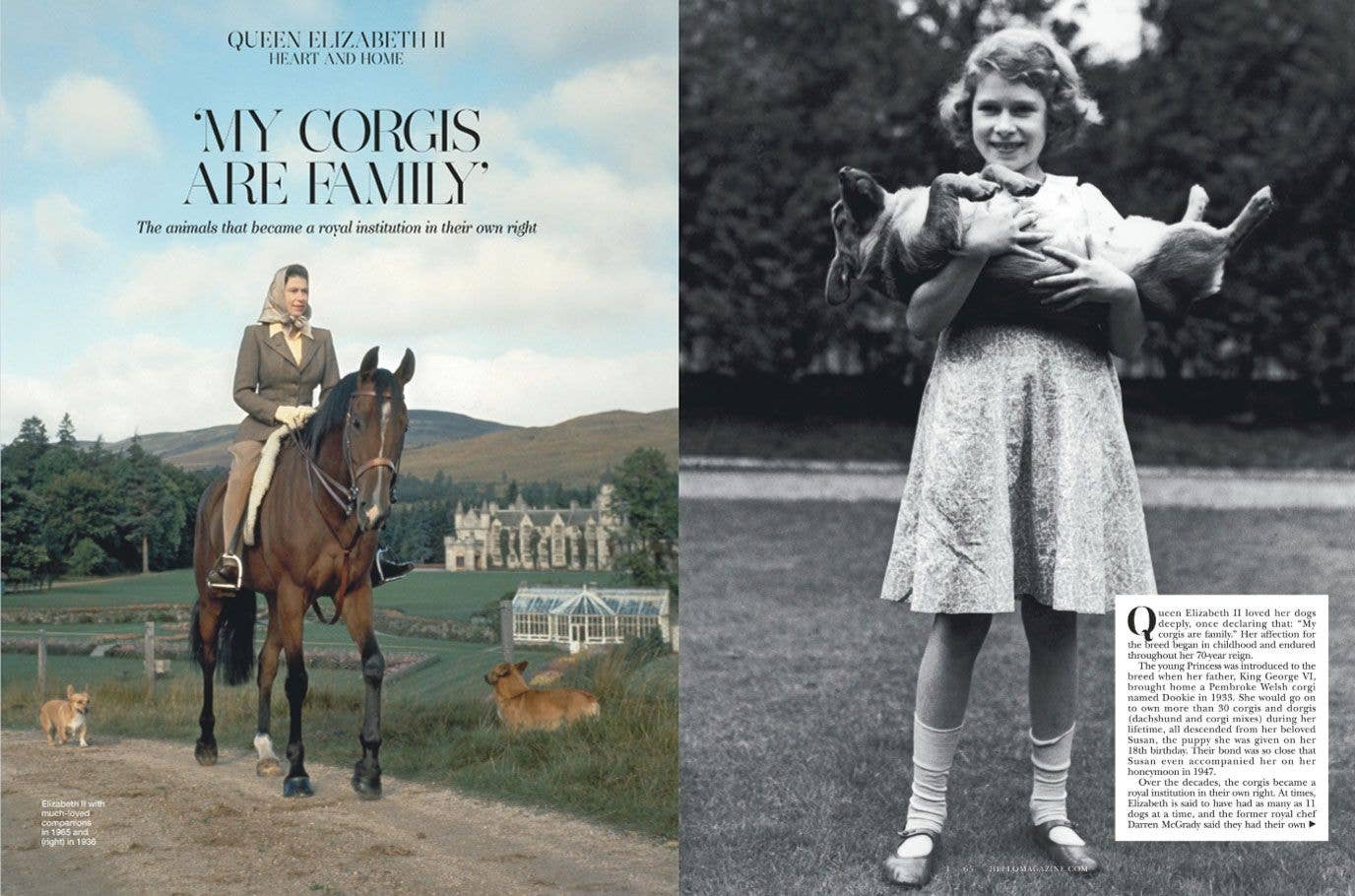 Corgis and horses layout from HELLO! special magazine Queen Elizabeth Centenary