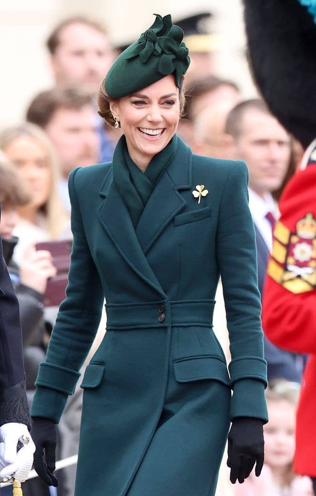 Catherine, Princess of Wales smiles during the 2025 Irish Guards' St. Patrick's Day Parade at Wellington Barracks on March 17, 2025 in London, England