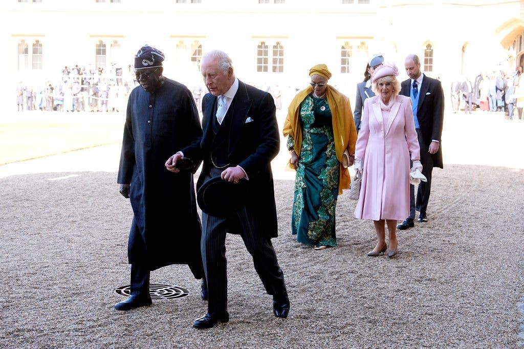 President of Nigeria Bola Ahmed Tinubu, King Charles III, First Lady Oluremi Tinubu, and Queen Camilla, during the ceremonial welcome at Windsor Castle