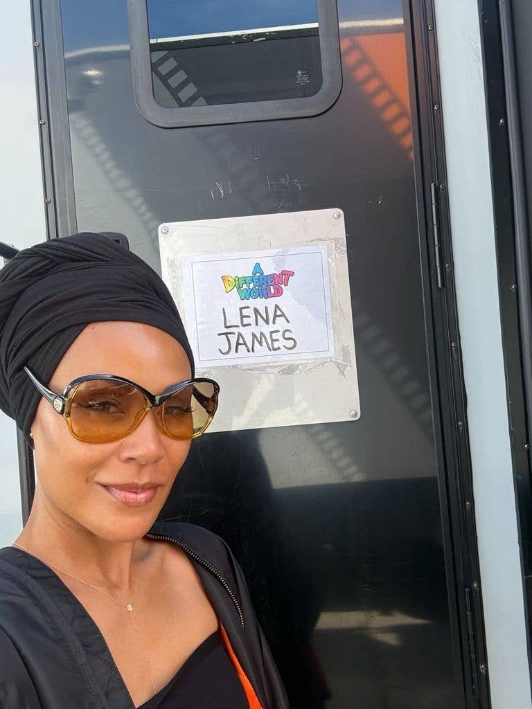 Jada Pinkett Smith on the set of the "A Different World" reboot in front of a trailer bearing her character's name, shared on Instagram