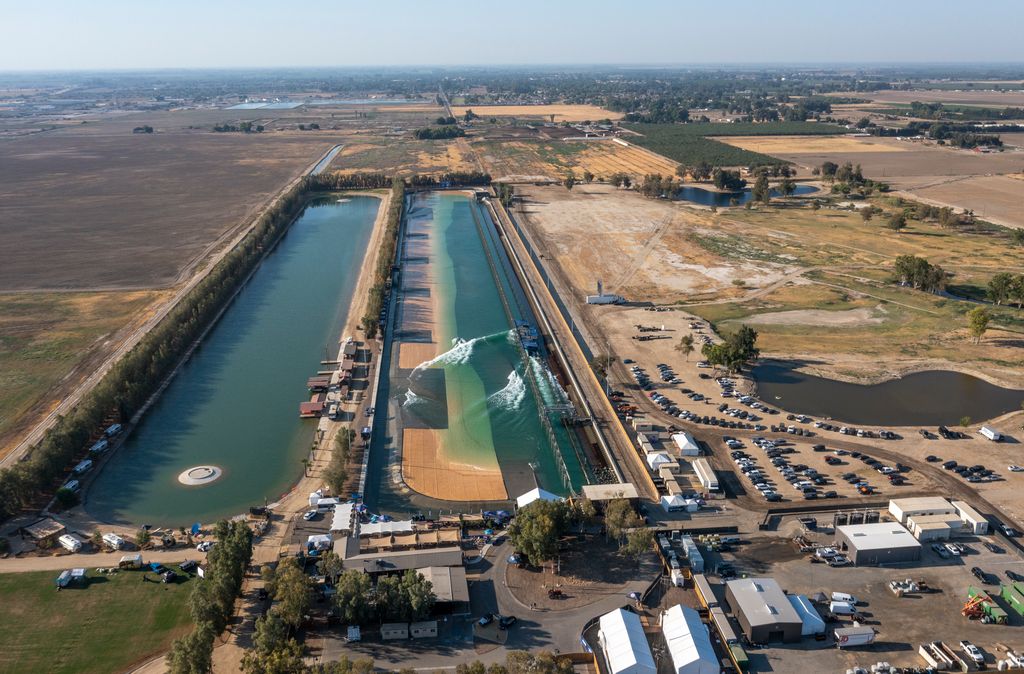 Aerial view of pro surfers competing in the Jeep Surf Ranch Pro 