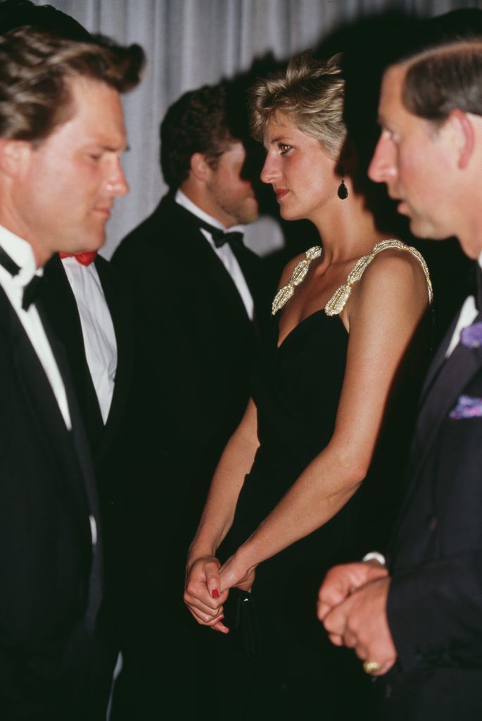 Princess Diana and Prince Charles meeting Kurt Russell at a film premiere